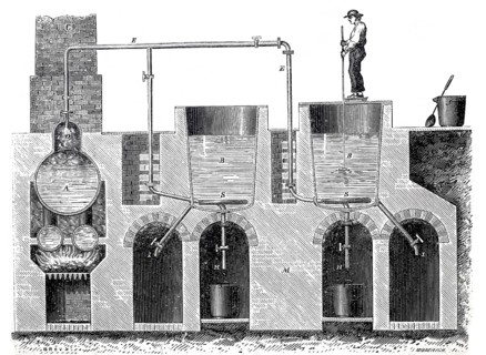 Worker on a soap boiler boiling soap with steam, around 1850, France, digitally enhanced