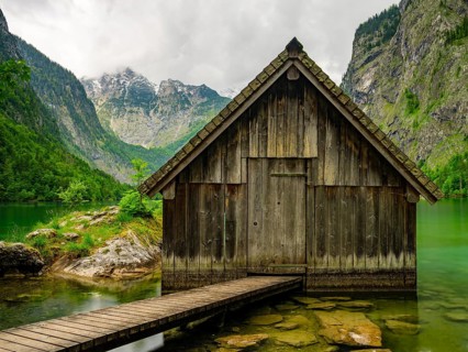 Boathouse at the Obersee near Königssee in the Berchtesgaden National Park, Schönau am Königssee,