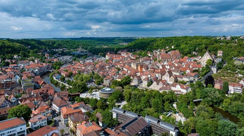 Town view of Schwäbisch Hall. View of the sights of the old town with the parish church of St