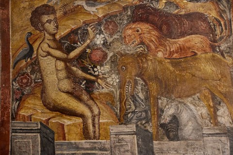 Fresco depicting Adam surrounded by animals in a lively and mystical setting, Easter 2025, Church