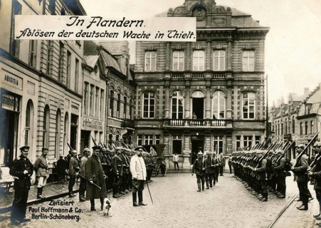 In Flanders. Relieving the German guard in Thielt, 1914 - 1918, World War I, reproduction of a war