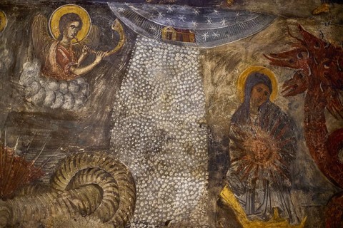 A fresco shows an angel and Mary under a starry sky with a dragon-like creature, Easter 2025,
