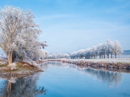 The river Unstrut in the Unstrut valley in winter, trees on the banks covered with hoarfrost,