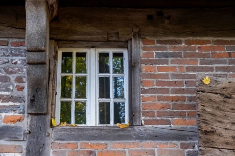 Window of a historic watermill, Münsterland, North Rhine-Westphalia, Germany, Europe