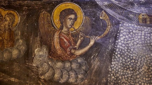An angel in fresco playing a trumpet sits in clouds under a sparkling night sky, Easter 2025,