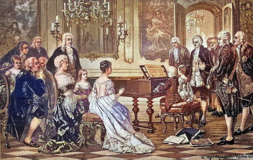 Mozart and his sister playing in front of Empress Maria Theresa, coloured wood engraving,