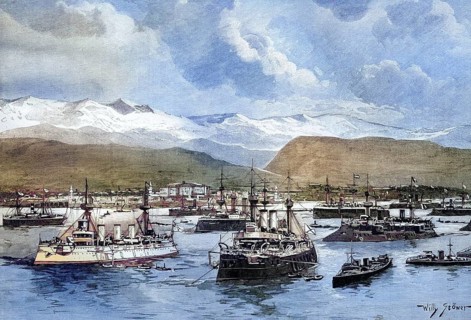 The Fleet of the Great Powers off Kanea, today Chania, Crete, Greece, coloured wood engraving,