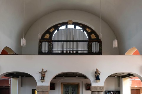 Organ loft of St Stephen's Church, Art Nouveau building designed with neo-Romanesque components,