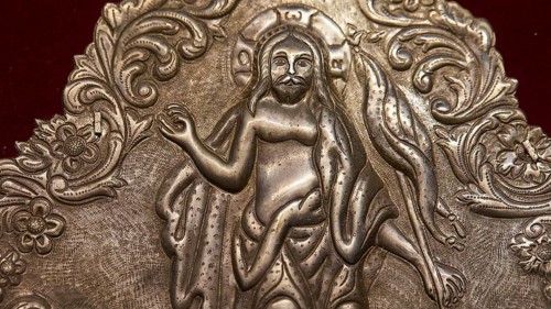 Silver engraved image of a saint with elaborate ornaments, Museum of Icon Painting, Thari