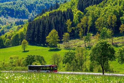 Local bus, RB48, on the country road in the Orketal, near Elkeringhausen, a district of Winterberg