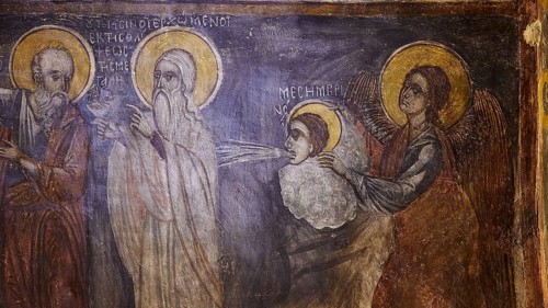 A fresco with holy figures and angels in spiritual interaction, surrounded by ancient lettering,