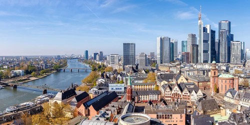 Frankfurt skyline skyscrapers in the city centre with Römer and river Main panorama from above in