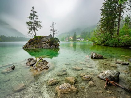 Hintersee under a cloudy rainy sky, Berchtesgaden National Park, Ramsau, Upper Bavaria, Bavaria,