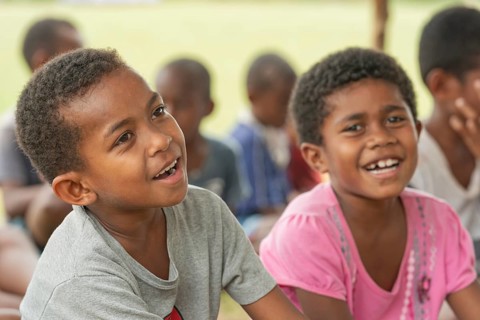 Kids in an outdoor school, Yasawa islands, Fiji, Oceania