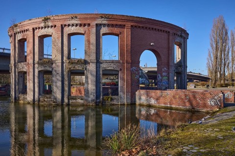 Park, pond, artificial ruin, trees, symmetrical reflections, water surface, sidelight, blue sky,
