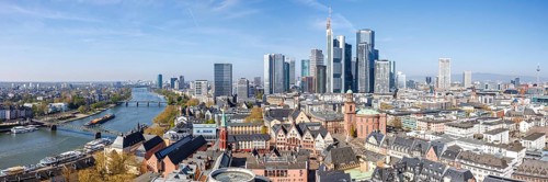Frankfurt skyline skyscrapers in the city centre with Römer and river Main from above panorama in