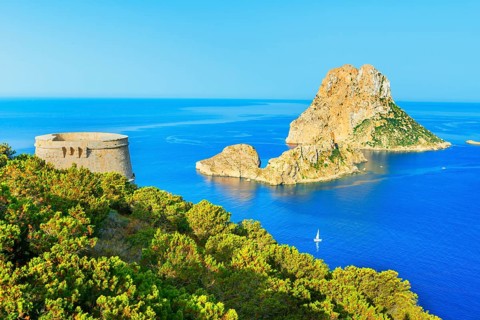 View of Torre des Savinar and Es Vedra island, Ibiza, Balearic Islands, Spain, Europe