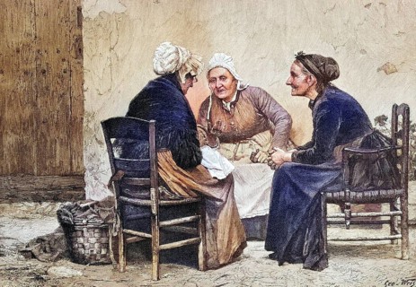 Gossips, three woman talk about the news in the village, Germany, coloured wood engraving,