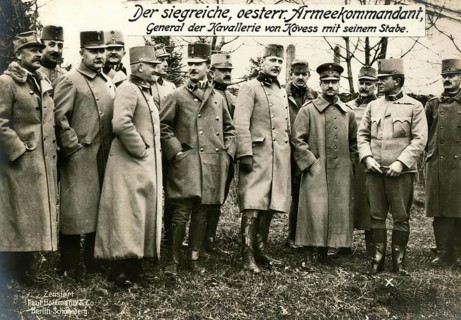 The victorious Austrian army commander, General of the Cavalry von Kövess with his staff, 1914 -