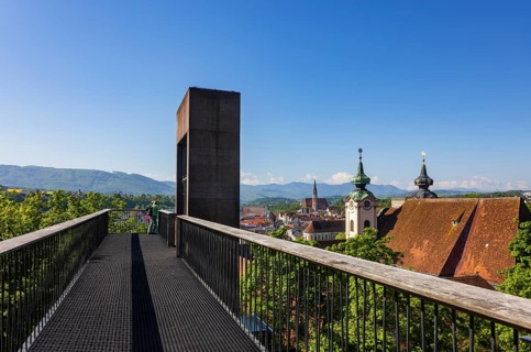 Panoramic lift up the Taborberg with a view of St Michael's Church and the old town, Steyr,