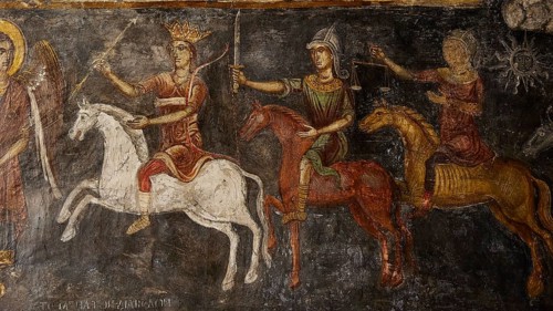 Medieval fresco showing riders on colourful horses depicting a symbolically charged scene, Easter
