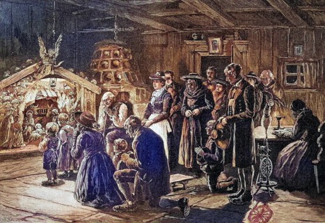 Christmas cot in Tyrol, Austria, coloured wood engraving, reproduction of a model from ca 1888,