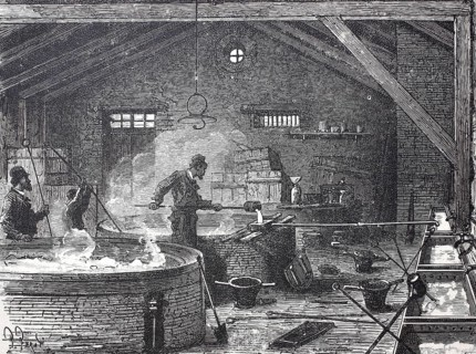 Workers in a soap factory with large vats, 1850, France, digitally enhanced reproduction of a 19th