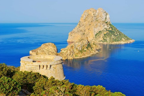 View of Torre des Savinar and Es Vedra island, Ibiza, Balearic Islands, Spain, Europe