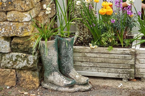 Old boots as flower pot, flowers, Bourton-on-the-Water, The Cotswolds, Gloucestershire, England,