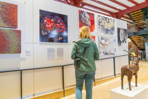 A woman in an art exhibition looks at modern artworks and sculptures, Calw, Black Forest, Germany,