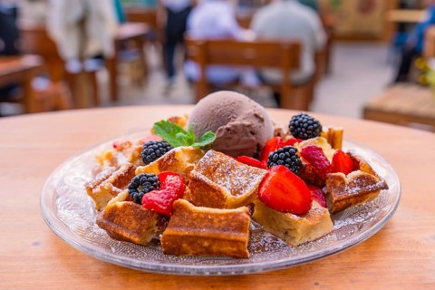Appetising presentation of waffles with berries and ice cream on the terrace, Cafehäusle Calw,