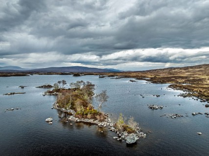 Rannoch Moor from a drone over Loch Ba and Loch of the Armpit, A82 Highland Way, Argyll and Bute,