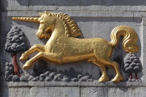 Golden Unicorn, figure at a historic restaurant, Aachen, North Rhine-Westphalia, Germany, Europe