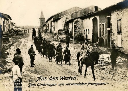 From the West. Bringing in wounded Frenchmen, 1914 - 1918, World War I, reproduction of a war