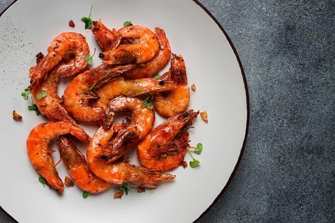 Fried tiger prawns, with spices, homemade, top view