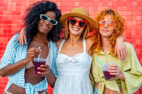 Three multi ethnic young women hugging each other and drinking juice with straw, standing against a