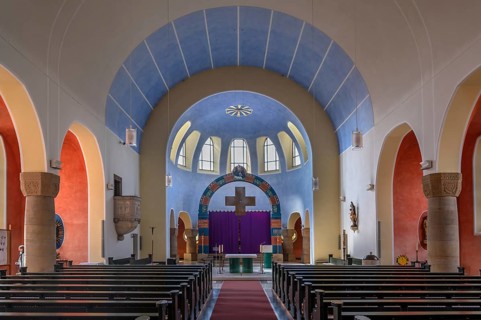 Interior with Lenten cloth in front of the altar in the church of St Stephanus, Art Nouveau