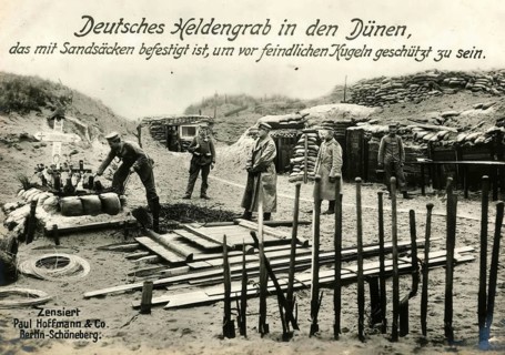 German hero's grave in the dunes, fortified with sandbags to protect it from enemy bullets, 1914 -