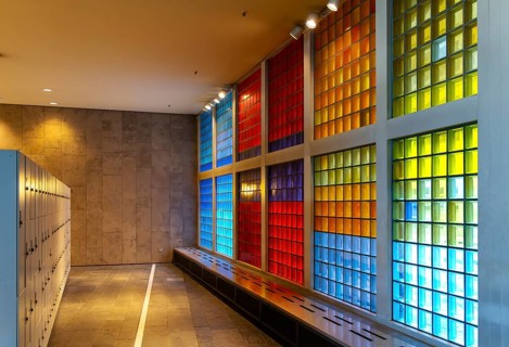 Colourful mosaic glass windows in the foyer of the Berlin State Library, Germany, Europe