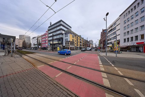 Underground station, general architecture, modern buildings, tram tracks, overhead line, vehicles,