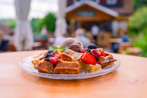 Fresh waffles with berries and ice cream on a table in front of a cosy outdoor café, Cafehäusle