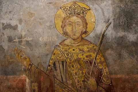 Image of a saint with a golden crown and halo on a church wall, Thari Monastery, Moni Thari, near