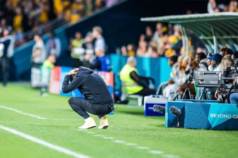 BRISBANE, AUSTRALIA, JULY 27: Tony Gustavsson, head coach of Australia Matildas reacts as Australia