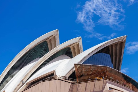 SYDNEY, AUSTRALIA, MARCH 4 2023: Sydney Opera House architectural closeup on a hot autumn day in