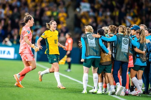 BRISBANE, AUSTRALIA, JULY 27: Emily VAN EGMOND of Australia celebrates scoring as Australia plays