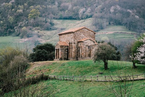 Exterior view of St Christine of Lena church at spring. Santa Cristina de Lena is a Catholic