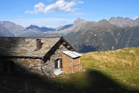 Light and shadows near a hut, Alpe Arcoglio, Valmalenco, Valtellina, Lombardy, Italy, Europe