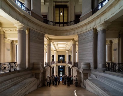 Brussels Capital Region, Belgium, 06 05 2022, Rear entrance hall and arched structure at the Court