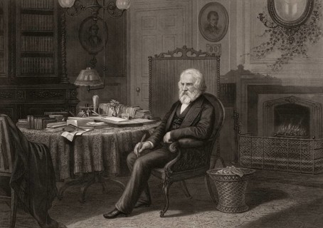 Henry Wadsworth Longfellow, 1807 – 1882, American poet, in his Library at the Craigie House in West
