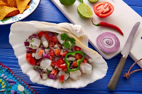 Ceviche Mexican food style recipe with nachos and ingredients